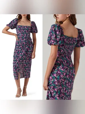 ASTR the Label Teal Purple Floral Puff Sleeve Midi Dress Ruched Slit Prairie thumbnail 2