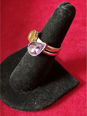 2 Pc Vintage Mixed Metal Ring Set Silver Amber Cabochon Gold Purple Pear 6.25 &7 thumbnail 2