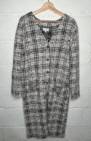 Lou & Grey Plaid Sweater Dress Academia Button‎ Cardigan Women Black White L NWT thumbnail 1