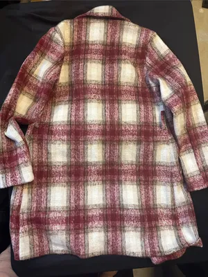 Potter's Pot Plaid Pea Coat in Burgundy and Cream no belt thumbnail 4