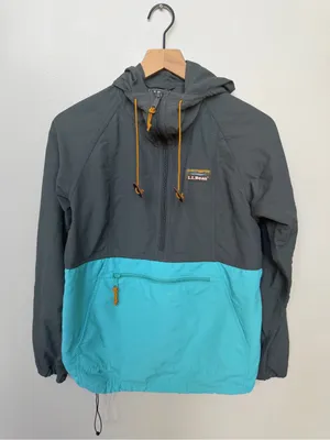 L.L. Bean Classic Two-Tone Color Block Hooded Anorak Jacket Teal & Charcoal XS thumbnail 2