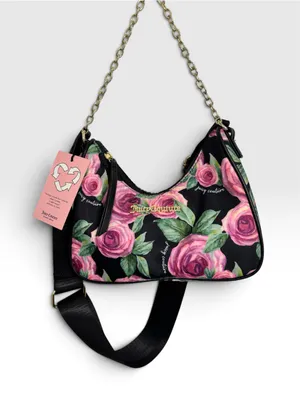 Juicy Couture Black Pink Rose Floral Print Mini Shoulder Bag Gold Chain Strap thumbnail 6