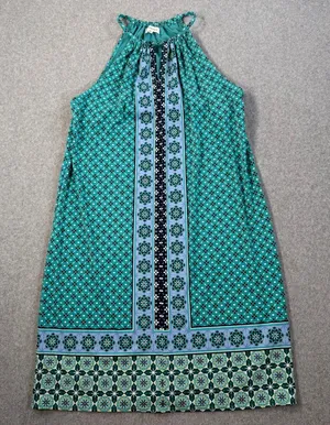 Max Studio Women's Small Halter Neck Shift Dress Teal Green Sleeveless Geometric thumbnail 1