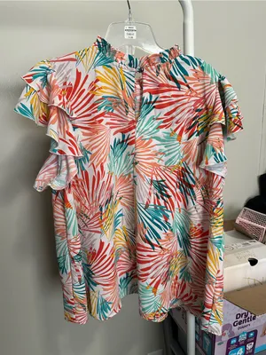 multicolor abstract ruffled shortsleeve mock neck blouse size large Multiple thumbnail 5
