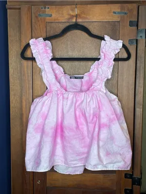 Zara Womens Pink Tie Dye Babydoll Tank Top Small Ruffle Strap Cotton Coquette thumbnail 2