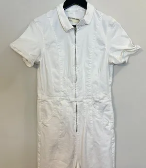 FREE PEOPLE Jayde Denim Flared Jumpsuit in Pure White Size Large thumbnail 5