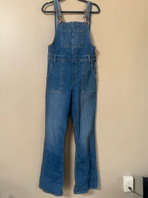 GAP long & Lean side zip dark denim bib overalls flare leg size Medium thumbnail 6