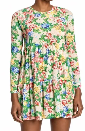 AFRM Floral Mesh Tiered Mini Dress‎ Small Long Sleeve Babydoll Multicolor thumbnail 1