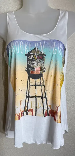 American‎ Rag Womens Small Tank Top White Brooklyn Girl Graphic Racerback NEW thumbnail 1
