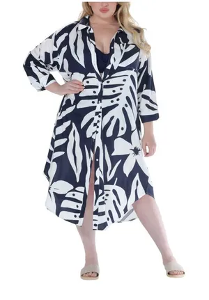 NWT Raviya Printed Button-Down Cover Up Dress 76731XPT Navy / White Multi 1X thumbnail 1