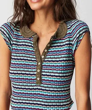 Free People One Way Baby Polo Tee cool combo blue motif NWT S thumbnail 1