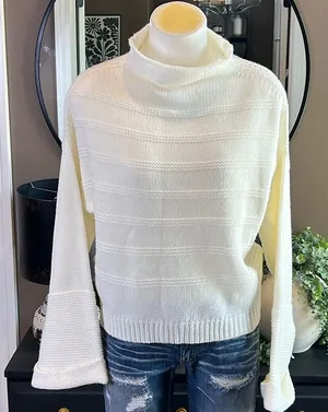 JESSICA SIMPSON Ivory Chunky Knit Funnel Neck Bell Sleeve Sweater L Minimalist thumbnail 1