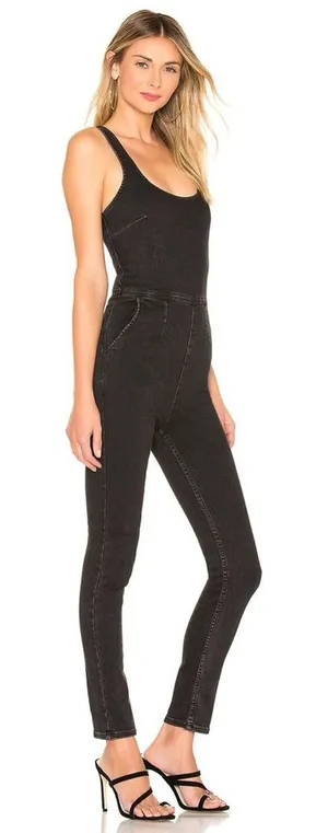 Free People Scarlet Black Denim Jumpsuit Women’s Size 2 Stretch Skinny Ankle Zip thumbnail 1