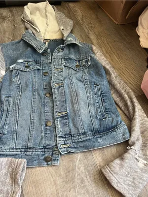 Free People | Distressed Knit Sleeve Denim Jacket S Grunge Hooded‎ Streetwear thumbnail 10