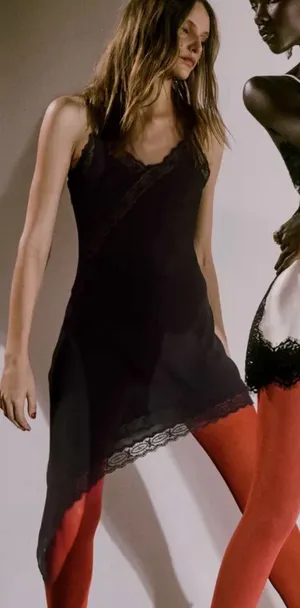 Zara Collection Y2K Lace Trim Tank Sheer Black Fairy Asymmetrical Top Whimsigoth thumbnail 1