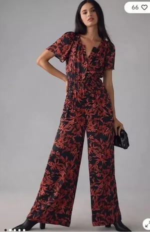 Anthropologie The Somerset Floral Jumpsuit Satin Red Small Wedding Festival Chic thumbnail 1