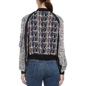 BCBGMAXAZRIA Harrison Mixed Print Bomber Jacket - Blue & Tan Abstract‎ - XS thumbnail 2