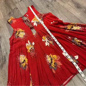Free People Lovely Day Red Floral Tie Front Tunic Mini Dress S Boho Flowy Boxy thumbnail 9
