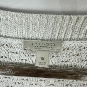 Talbots Cardigan 1X Ivory‎ Metallic Open Front Pointelle Knit Sweater Pockets thumbnail 3