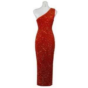 Women's Orange Sequin One Shoulder Slit Evening Gown Maxi Tank Bodycon Dress M thumbnail 4
