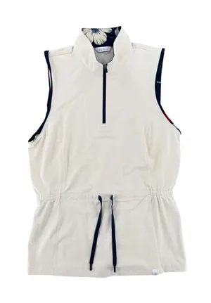 Lady Hagen Sleeveless Golf Shirt Beige Tropical Blue Trim Drawstring Waist Small thumbnail 1