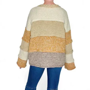 Entro Beige Brown Tan Striped Patchwork Flared Sleeve Sweater thumbnail 6