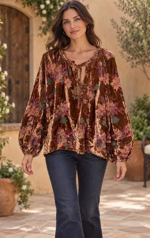 Fate Brown Velvet Floral boho sheer Tie-Neck Peasant Blouse thumbnail 1