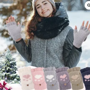 Navy and Pink Cozy Fingerless Gloves with Paw Print thumbnail 3