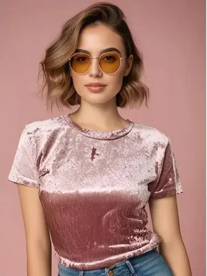 Free People Women's Size Small‎ Pink Velvet Short Sleeve Baby Tee Top Casual thumbnail 1