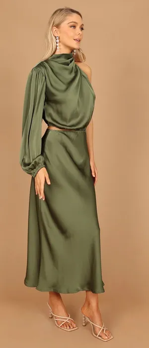 Petal and Pup Amelie One Shoulder Midi Dress - Olive thumbnail 1