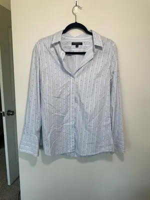 Banana Republic Riley Shirt Size 10 Blue White Striped Polka Dot Long thumbnail 3