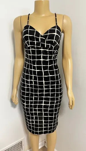 Y2K La Belle Vintage Black White Grid Midi Dress Surplice Spaghetti Strap M thumbnail 1