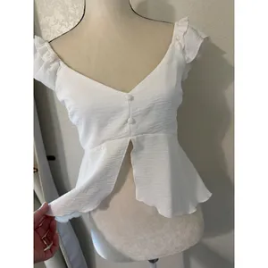 Timing White Flutter Sleeve Peplum Top‎ V-Neck Smocked Back Blouse thumbnail 3