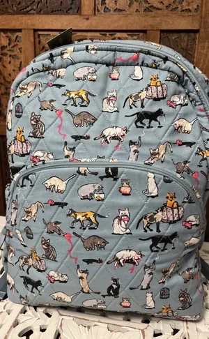 Vera Bradley Cats Meow Essential Large Laptop Backpack 39440 Blue 17x12x8 NEW thumbnail 1