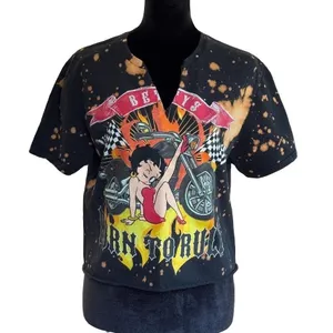 Betty Boop Biker Graphic‎ Crop Top Bleach Splatter Black Medium Grunge Pin-up thumbnail 2