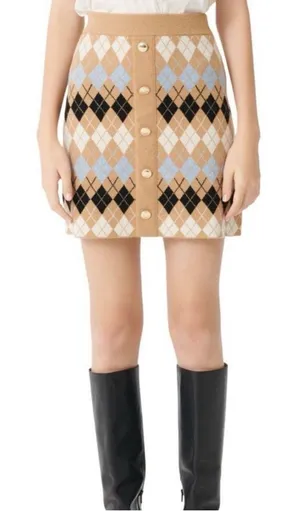 NWT Maje Argyle‎ Jilina Wool Blend Mini Skirt in Camel Size 38/Small thumbnail 1