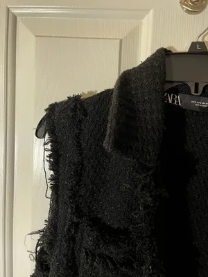 Zara Black Textured Tweed Waistcoat with Frayed Trims and Gold Buttons thumbnail 7