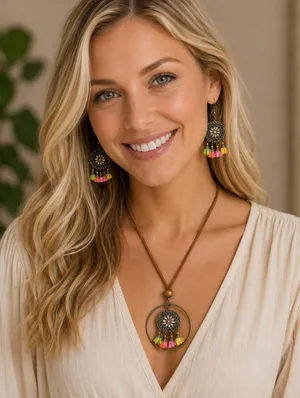 Boho Zinc Alloy Wood Retro Flower Design Tribal‎ Necklace & Earrings Set thumbnail 1