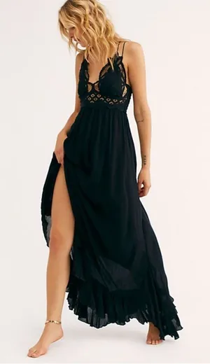 Free People Adella Maxi Slipdress FP One Whimsigoth Romantic Grunge XS Black thumbnail 1