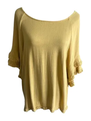 UMGEE Mustard Yellow Linen Cotton Fringe Ruffle Sleeve Boho Blouse Top XL thumbnail 3