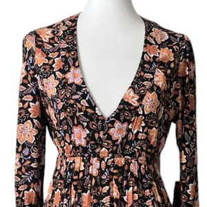 Billabong New Blouson Dress Deep V-neck Long Sleeve Black Floral Women’s Size M thumbnail 5