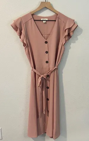 Monteau‎ Pink Crepe Chiffon Button Front V-Neck Flutter Cap Sleeve Midi Dress L thumbnail 1