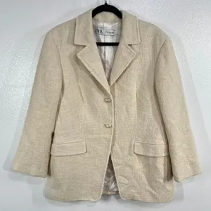 ZARA Textured‎ Cotton Tweed Blazer Jacket Ecru Cream Ivory XL Fully Lined Boho thumbnail 1