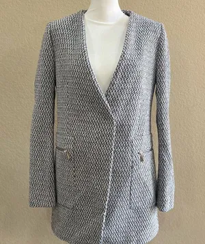 Zara Navy & Ecru Long Jacquard Blazer Jacket With Zipped Pockets Sz M Career Euc thumbnail 4