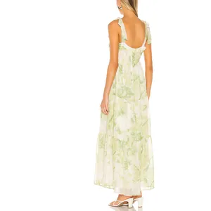 Line + Dot Green Tropical Maxi Dress MEDIUM Tiered Ruffle Cottage Vacation $115 thumbnail 3