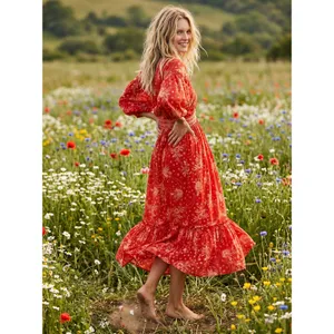 Free People Golden Hour Maxi Dress Cherry Red Large Bohemian Spring Floral 70s thumbnail 5