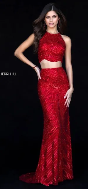 Sherri Hill 52063 Red Two Piece Sequin Prom Gown NWT Size 0‎ $598 thumbnail 1