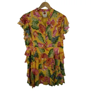 Farm Rio Yellow Beaks & Bananas Mini Dress Small Tropical Toucan Tiered Resort thumbnail 3