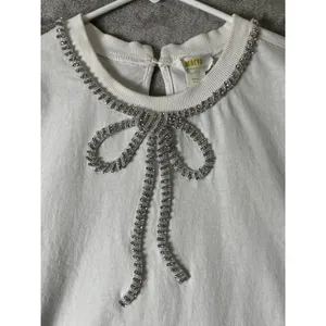 Maeve Anthropologie White Cotton Embellished Bow Neck Short Sleeve Top Small thumbnail 2
