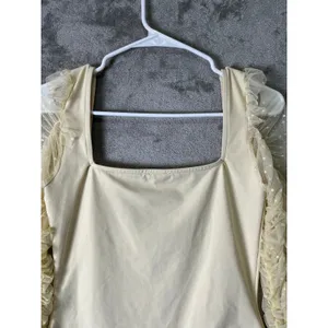 Free People Must Be Love Bodysuit Cream Ruched Mesh Sleeve‎ Romantic Medium New thumbnail 5